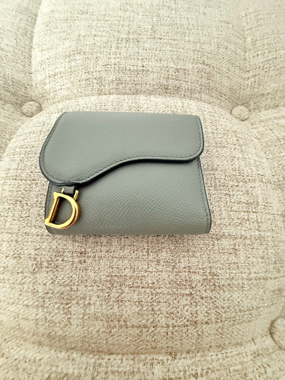 Christian Dior Blue Gray Leather Saddle Compact Wallet Gold D Charm, Dior Paris